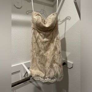 Knee length, gold, shimmery, lacy, strapless dress